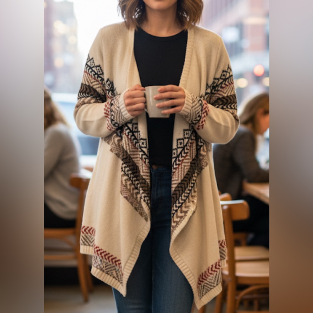 Aventura Open Front Waterfall Sweater Cardigan Size Medium Ivory Boho Stripe